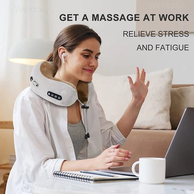 Woman using a neck massager while working on a laptop with text promoting its benefits.