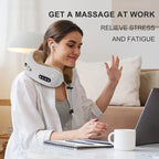 Woman using a neck massager while working on a laptop with text promoting its benefits.
