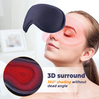 Woman wearing a 3D sleep mask with close-up of mask design and text '3D surround' on a white background.