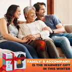 Family sitting together with a heating pad, surrounded by a warm family message.
