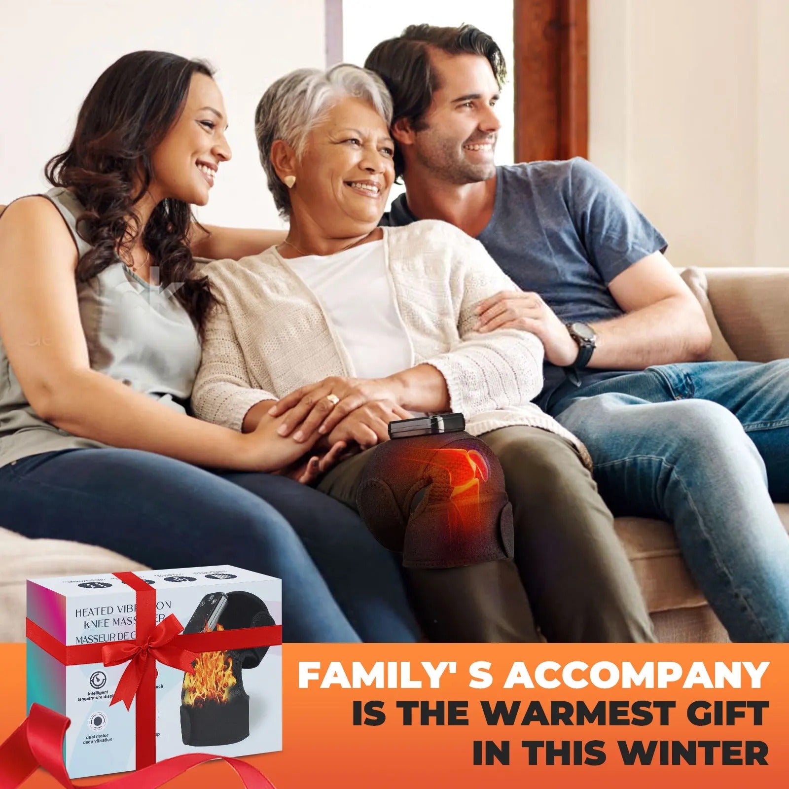 Family sitting together with a heating pad, surrounded by a warm family message.