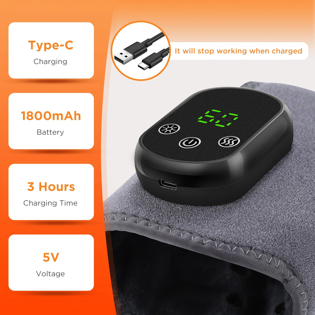 Black electronic device with digital display, featuring charging details on an orange background.
