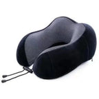 Black neck pillow with straps on a white background