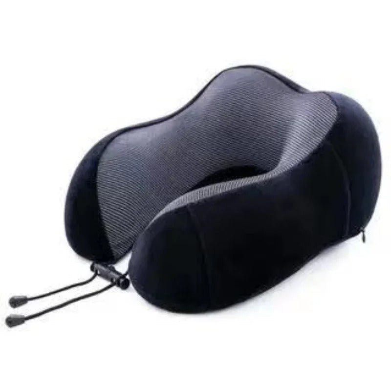 Black neck pillow with straps on a white background