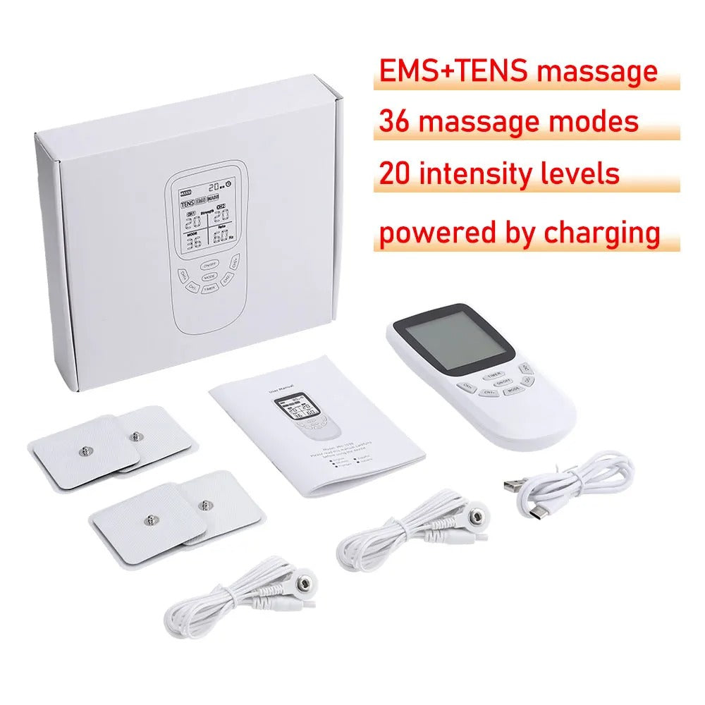 EMS and TENS massage device with packaging, electrodes, and charging cable on a white background.