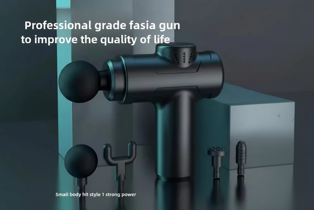 Professional grade fasia gun with attachments on a dark background