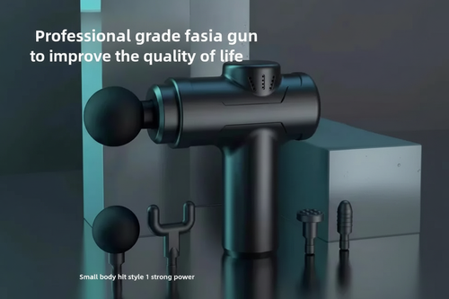 Professional grade fasia gun with attachments on a dark background
